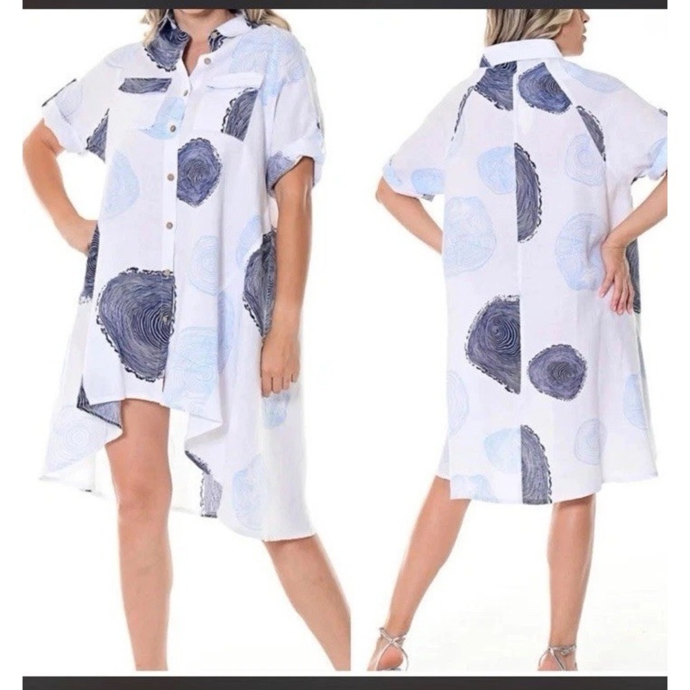 Azucar Women's Roll-Up Sleeves High Low Dress 100% linen Geometric‎ Summer SzS/M